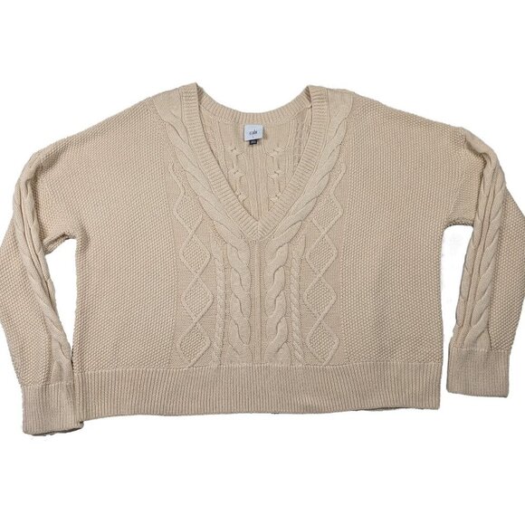 Cabi Long Sleeve Cropped Cable Knit Cream Sweater Size Large - Picture 2 of 7